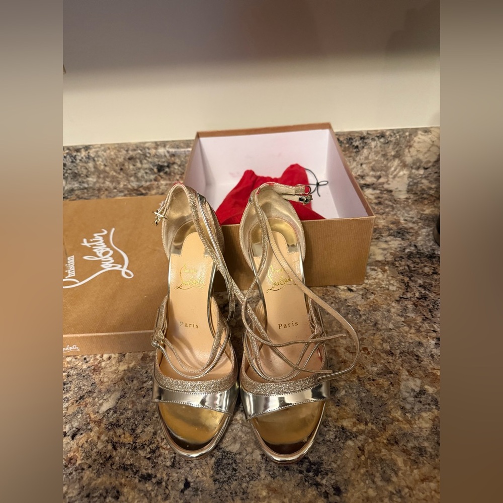 Christian Louboutin Gold and Silver Metallic Strappy High Heels - Picture 2 of 12